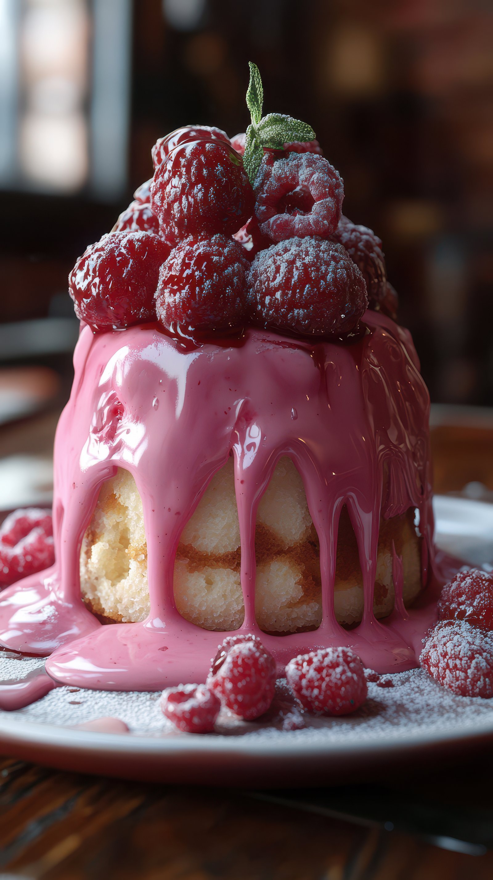 A close-up of a cake topped with raspberries and drizzled with pink frosting, sitting on a white plate